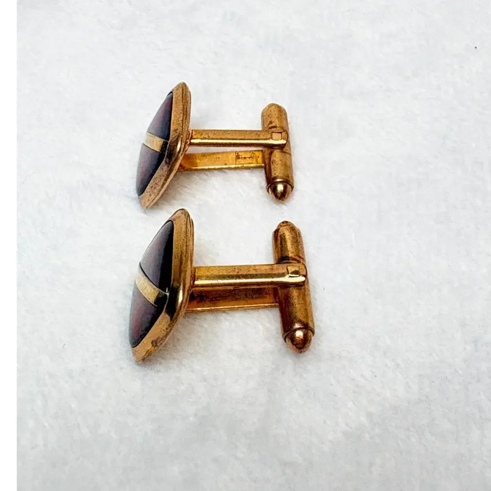 Vintage Gold‑Tone & Deep Red Resin Cufflinks (1970s)
